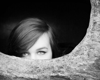 Black and White Photo, B&W Photography, Girl Hiding Photo, Girl in Treehouse, Beautiful Eyes Photo, Mysterious Eyes, Girl Hiding Face, Gift