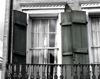 Architecture Photography - NOLA Balcony - Black & White - 8x10 Fine Art Photo, New Orleans, Travel Photography, Landscape, Shutters, Curtain