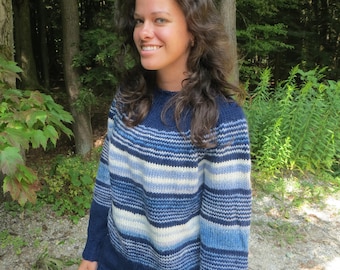 Woman's wool handknit blue striped sweater