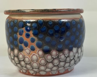 Shino French Butter Dish with blue red polka dots