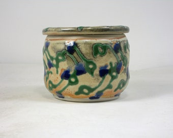 Shino French Butter Dish with blue and green flowers