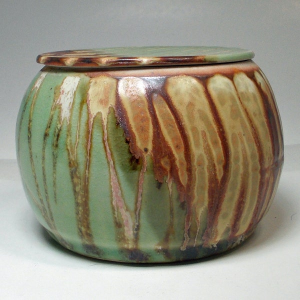 French butter dish in lime green and rust brown with cream to pink crystaline stripes
