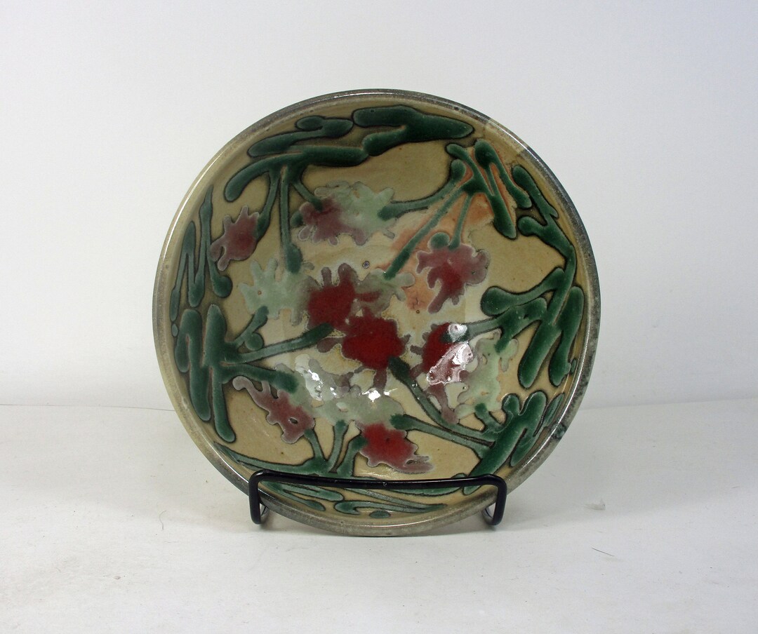 Ceramic Cereal Bowl in Shino With Red and Green Flowers Etsy