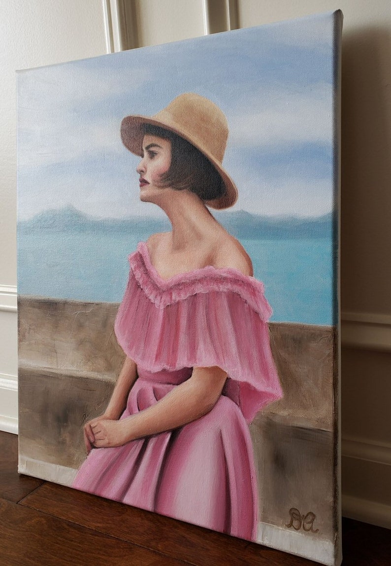 Original Oil Painting of Woman in Pink Dress with Straw hat | Etsy
