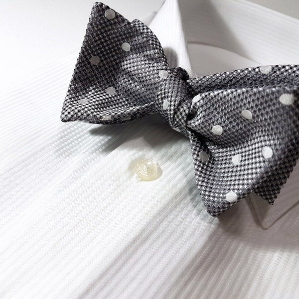 Silk SELF TIED Bow Tie (matching pocket square available) with Polka Dots in Platinum Charcoal Grey Silver and White