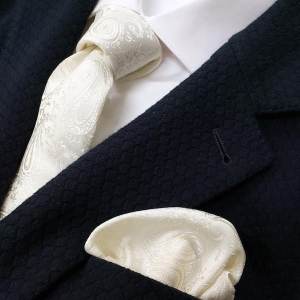 Tie (3 inch) in Ivory Cream Off white Paisleys Pocket Square Optional