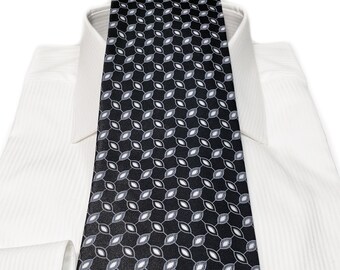 Silk Tie (3.75 inch) with Black Charcoal Silver Gray Grey White Geometric