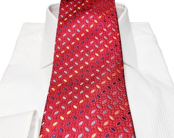 Silk Tie 3.5 inches wide with Red and multi shades of blue yellow gold