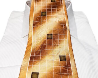 1940s Vintage Style Panel Silk Tie (4 inch) wide with Orange Brown Yellow Gold