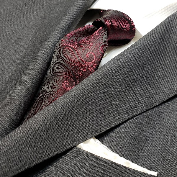 Wine Cabernet Red Burgundy Paisley Tie on Black Optional Bow Tie Pocket Square