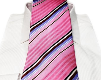 Vintage Style Silk Tie 4 inches wide with Bright Pink Lilac Purple Burgundy Black White Stripes