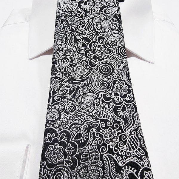 Silk Tie (3 inch wide) with Paisley in Contrasting White on Black