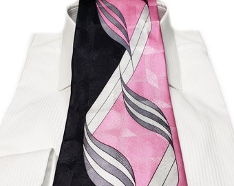 1940s Vintage Style Silk Tie 4 inches wide with Pink Black Charcoal Gray White Geometric