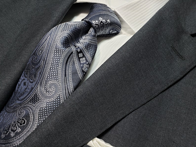 with Paisley in Bluish Charcoal Gray Grey on Navy Blue 3 inch wide Silk Tie