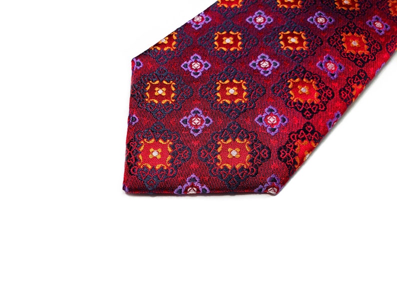with Medallion in Purple Gold Purple Navy on Red 3 inch wide Silk Tie