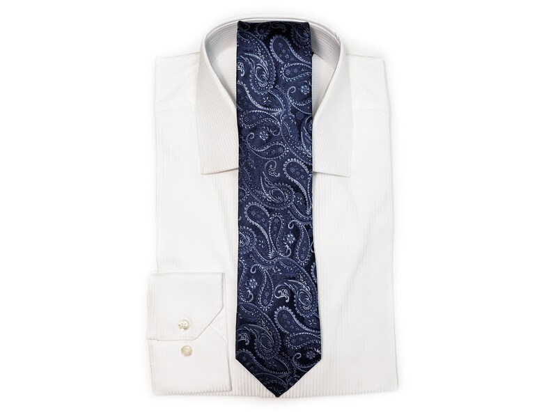 3 inch wide Silk Tie with Paisley in Navy Blue and Silver