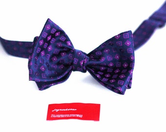 Silk SELF TIED Bow Tie in Cassis Raspberry Purple Navy Blue and White