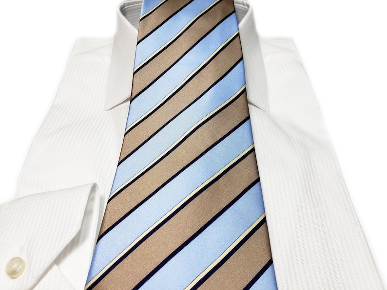 Silk Tie 3.75 inches wide with Light Blue Brown Gold Black Stripes