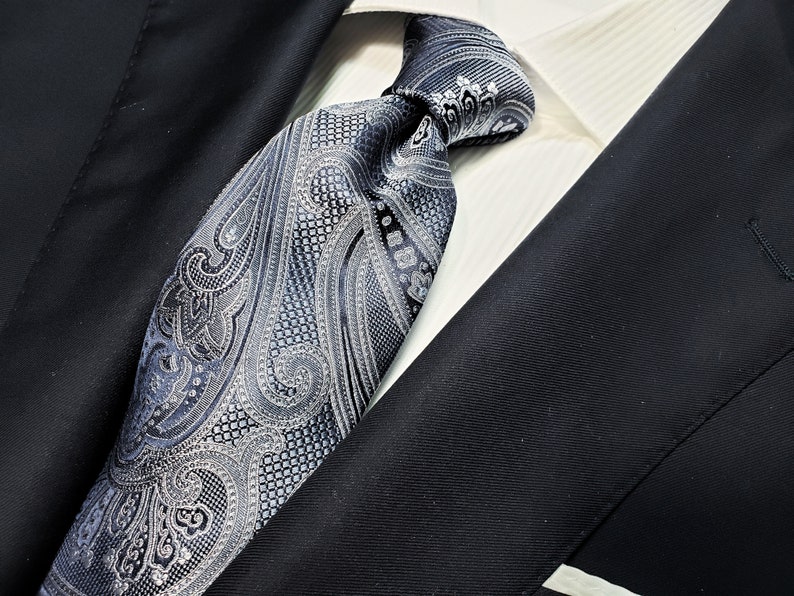 with Paisley in Bluish Charcoal Gray Grey on Navy Blue 3 inch wide Silk Tie