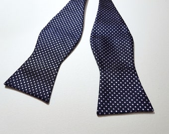 Self Tie Bowtie in Modern PIN DOTS with Bouquet Iris Violetta Hydrangea Lilac and Midnight Navy Blue