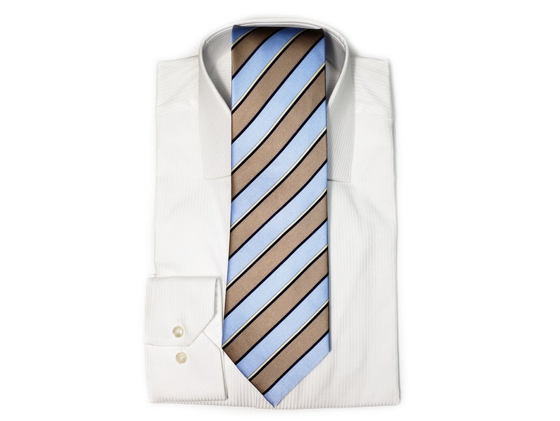 Silk Tie 3.75 inches wide with Light Blue Brown Gold Black Stripes