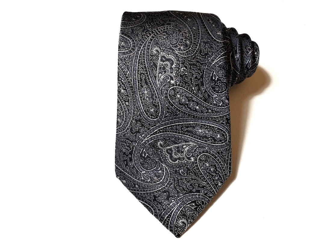 Silk Tie 3 Inch in Paisley Black Graphite Charcoal Silver - Etsy