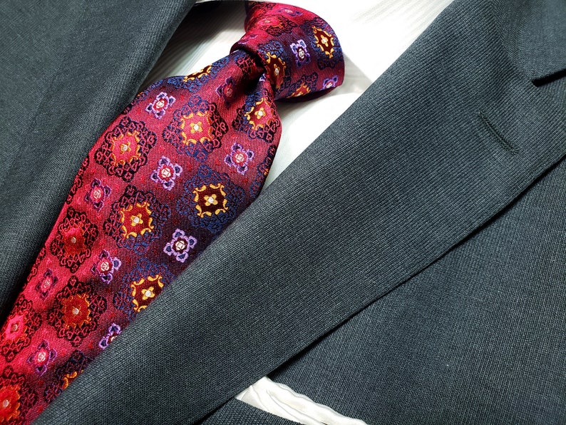 with Medallion in Purple Gold Purple Navy on Red 3 inch wide Silk Tie