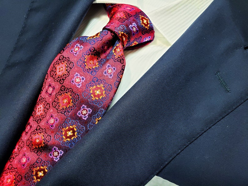 with Medallion in Purple Gold Purple Navy on Red 3 inch wide Silk Tie