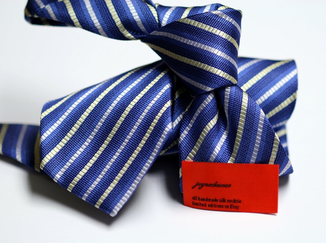 Silk Tie 3inch in Stripes With Yellow White on Blue - Etsy