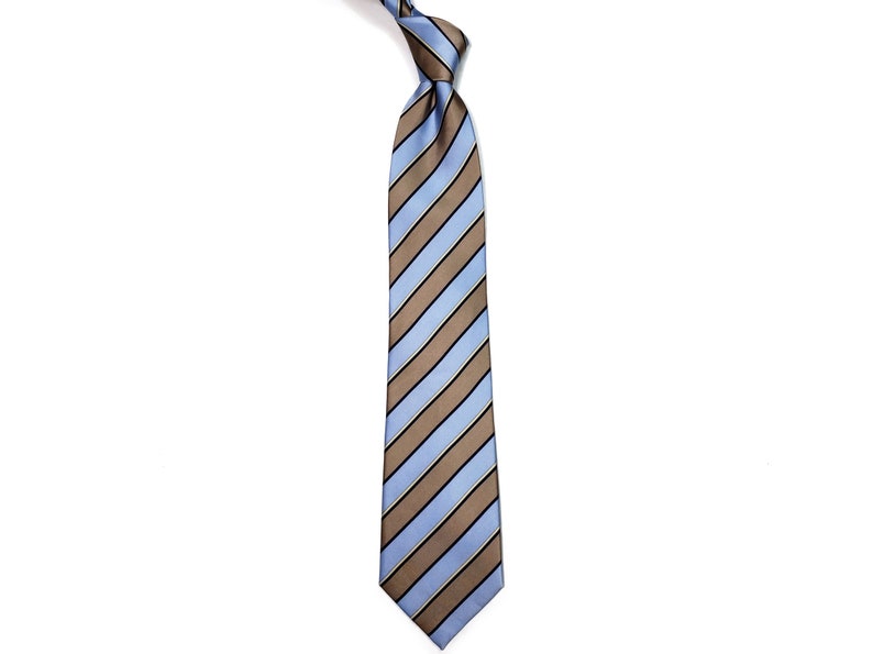 Silk Tie 3.75 inches wide with Light Blue Brown Gold Black Stripes