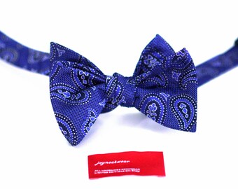 Silk SELF TIED Bow Tie in Paisleys Horizon Blue Navy and Silver