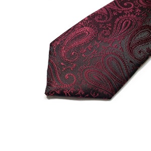 Wine Cabernet Red Burgundy Paisley Tie on Black Optional Bow Tie Pocket Square image 3