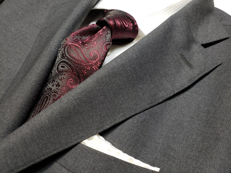 Wine Cabernet Red Burgundy Paisley Tie on Black Optional Bow Tie Pocket Square image 1