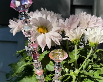 Juwelenbesetzte Garten- / Pflanzenfee-Einsätze; Set aus Zwei Rosa Perlen Einsätzen