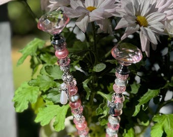 Juwelenbesetzte Garten- / Pflanzenfee-Einsätze; Set aus Zwei Rosa Perlen Einsätzen