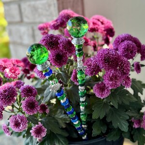 Jeweled Garden/Plant Fairy Stakes; Blue and Green Beaded Stakes