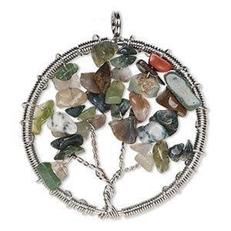 Gemstone Jewelry Jasper Gemstone Necklace Jasper Gemstones Pendant Jasper Gemstone and Silver Finished Brass Tree Of Life Pendant