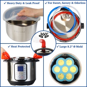 May include: A set of silicone molds for making mini cakes or muffins in an Instant Pot pressure cooker. The molds are blue and have a flower-shaped design. The molds are 8.2 inches in diameter. The Instant Pot is stainless steel and has a digital display. The set includes a silicone lid and a red silicone steam release valve.