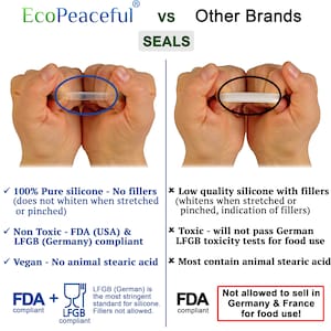 K&ouml;nnte beinhalten: Vergleich von EcoPeaceful Silikon-Dichtungen mit anderen Marken. EcoPeaceful-Dichtungen sind aus 100% reinem Silikon, ungiftig, FDA- und LFGB-konform, vegan und enthalten keine tierische Stearins&auml;ure. Andere Marken verwenden minderwertiges Silikon mit F&uuml;llstoffen, sind giftig, bestehen die deutschen LFGB-Toxizit&auml;tstests f&uuml;r Lebensmittel nicht und enthalten tierische Stearins&auml;ure. EcoPeaceful-Dichtungen sind FDA- und LFGB-konform. Andere Marken sind nur FDA-konform und d&uuml;rfen in Deutschland und Frankreich nicht f&uuml;r Lebensmittel verkauft werden.