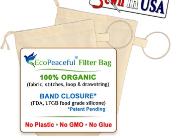 Organic Cold Brew Coffee Bags - ALL 100% Organic Cotton (fabric & threads). Bags have an ONLY Silicone Band for Closure - NO Drawstring.