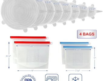Open Box UNUSED - 8 Blue Stretch Silicone Lids (Largest Sizes XXL-XS), 4 Large Silicone Bags, 2 Silicone Bottle Lids, 4 Silicone Food Covers