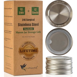 May include: A set of 12 stainless steel mason jar lids and 12 matching seals. The lids are stackable and fit wide mouth jars. The packaging features the brand name EcoPeaceful and a lifetime warranty.