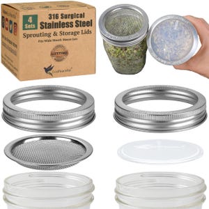 May include: Set of four stainless steel sprouting lids for wide mouth mason jars. The lids feature a mesh strainer and a solid lid. The lids are silver and the jars are clear glass.