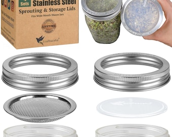 OPEN BOX UNUSED -4 Pack (4 Rings, 4 Curved Screens, 4 Inserts) Regular (small) Mouth Mason Jar Sprouting Lids - 316 Surgical Stainless Steel
