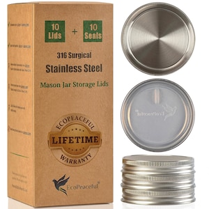 May include: A box of 10 stainless steel mason jar lids and 10 silicone seals. The box is brown with white text that reads "10 Lids + 10 Seals, 316 Surgical Stainless Steel Mason Jar Storage Lids, EcoPeaceful Lifetime Warranty". The lids are silver and the seals are clear.