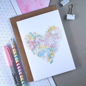 Carte d’anniversaire pour une carte de voeux ami - aquarelle florale coeur - A6 - love - Floral - Pastel-