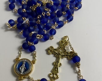Rosary in Cobolt Blue Faux Sea Glass Beads,  Catholic Meditation Beads,
