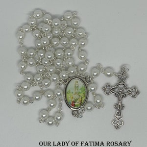 Our Lady of Fatima Rosary with White Glass Pearl Beads and Silvertone Center Medal with Full Color Picture of Our Lady Of Fatima