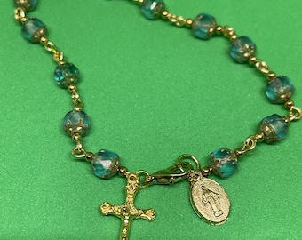 Light Blue Cathedral Bead and Gold Single Decade Rosary Bracelet, Catholic Jewelry, Catholic Meditation Beads