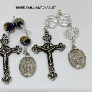 Three Hail Mary Chaplet in Black OR Clear Glass Crystal, Listing for ONE Chaplet Only, Key Ring Optional